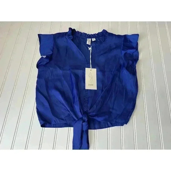 Joie Women's Blue Ruffle Neck Cap Sleeve Tie Waist Top Blouse Small NEW 640 - Picture 1 of 3